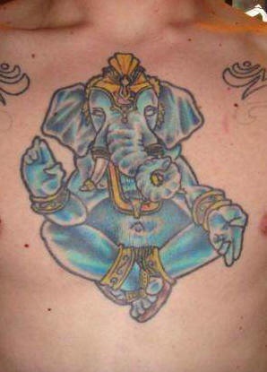 Blue sitting ganesha chest tattoo