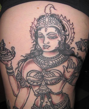 Hindu woman deity black ink tattoo