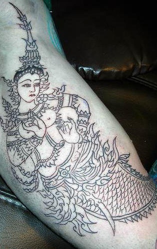 Hindu style black ink mermaid tattoo