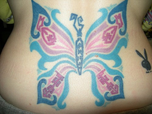 Picturesque, parti-coloured butterfly hip bone tattoo picture