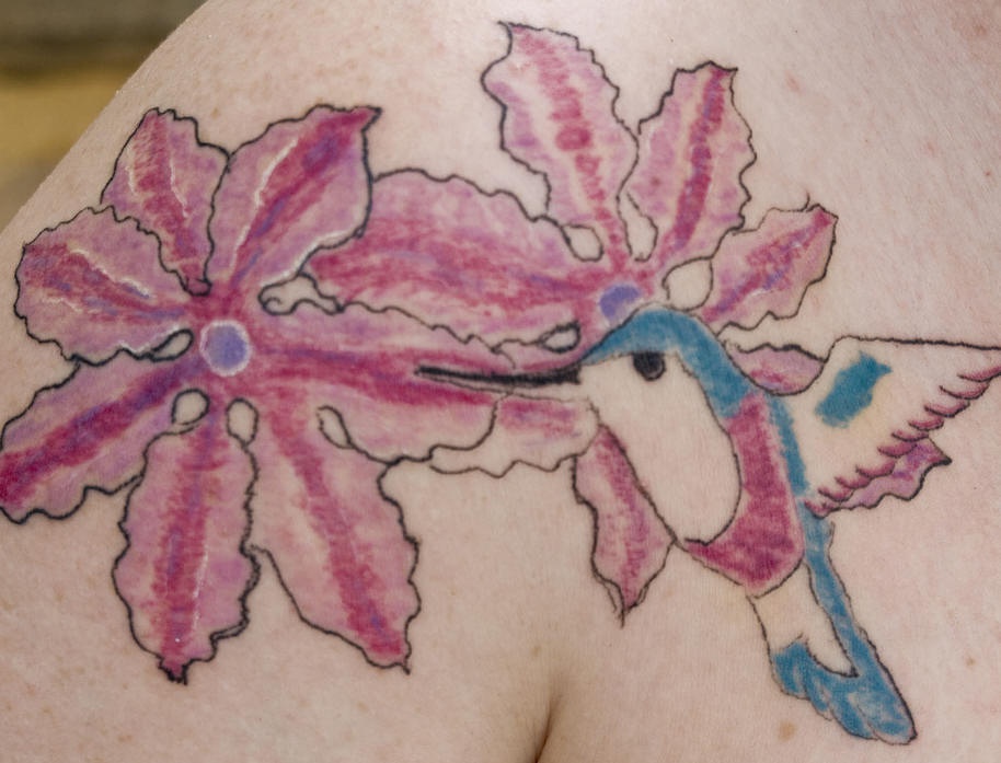 Hummingbird on pink flowers tattoo