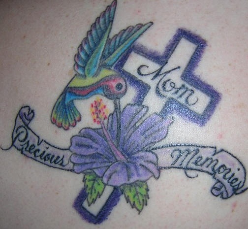 Cross and hummingbird memorial tattoo