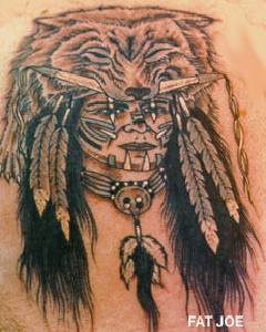 Indian chief in bear skin tattoo