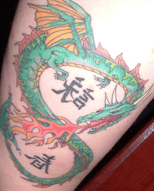 Tatuaje multicolor de un dragón chino formando el símbolo del infinito