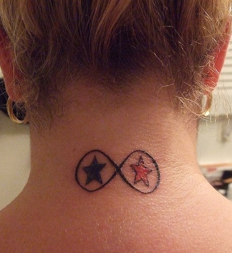 Infinity sign with stars tattoo on neck