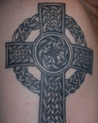 Celtic knot tracery cross tattoo