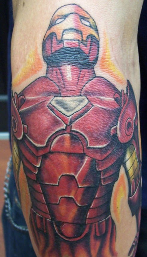Red, strong, severe, iron man forearm tattoo