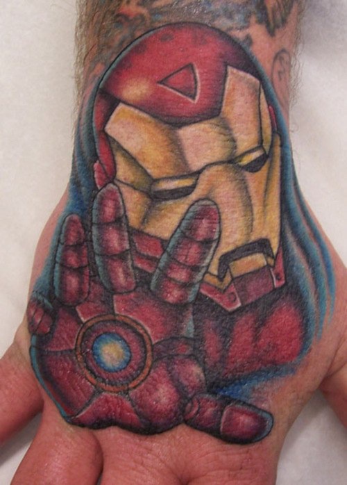 Realistic, designed, red  iron man hand tattoo