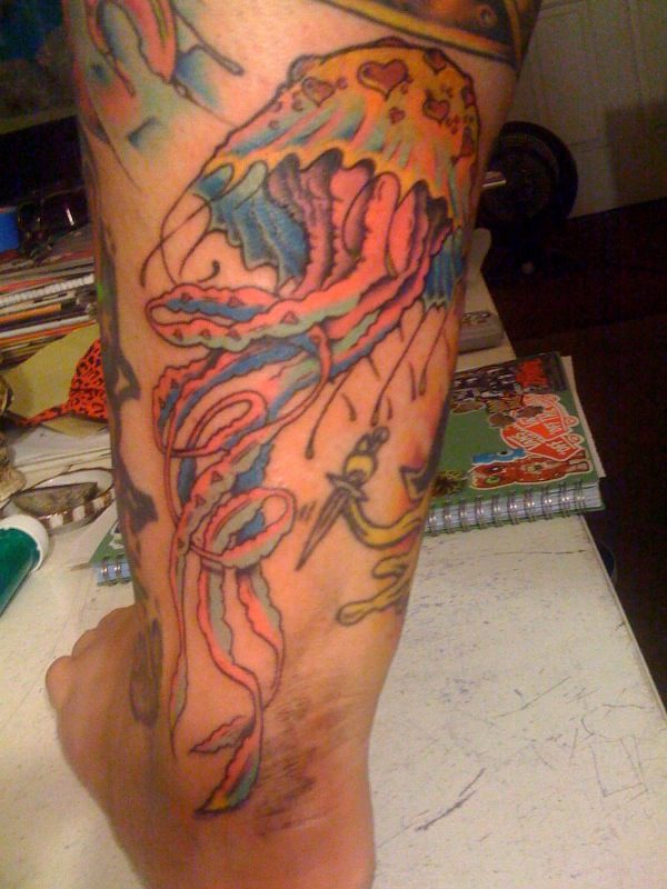 Leg tattoo, big colourful jellyfish with hearts
