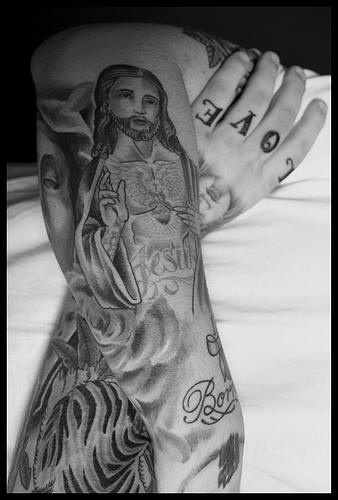 Love Jesus both hands sleeve tattoo