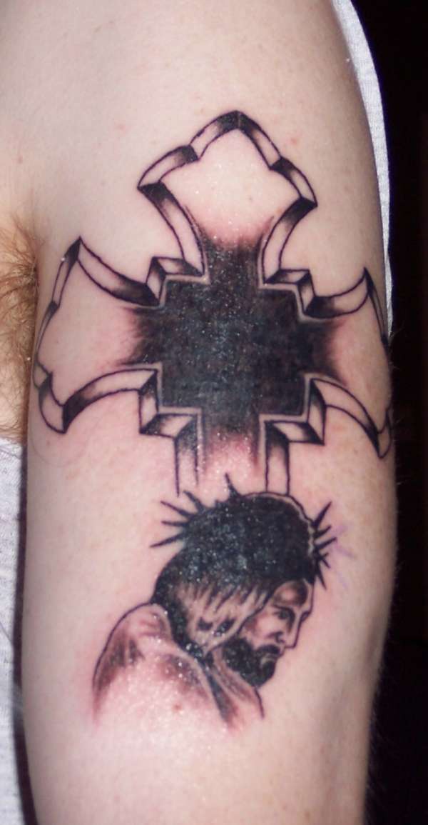 Jesus and iron cross black ink tattoo