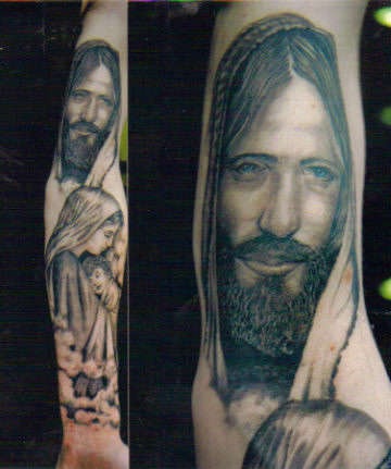 Realistic jesus with kid tattoo