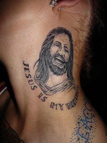Jesus homeboy tattoo on neck