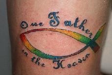 Colourful ichthys with writings tattoo