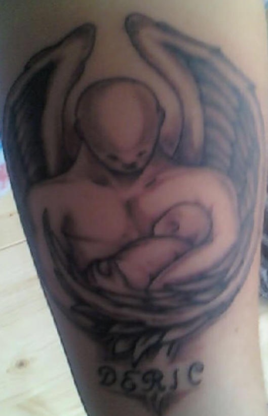 Male angel with child in hands tattoo