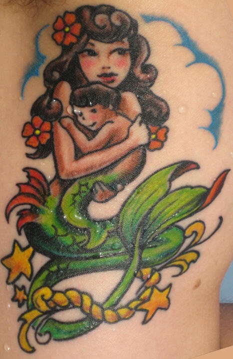 Mermaid with its baby coloured tattoo