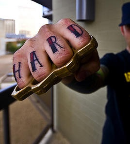 Knuckle tattoo, hard, big, bold inscription