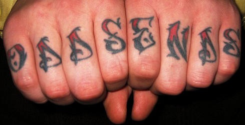 Knuckles tattoo, interesting sharp style inscription