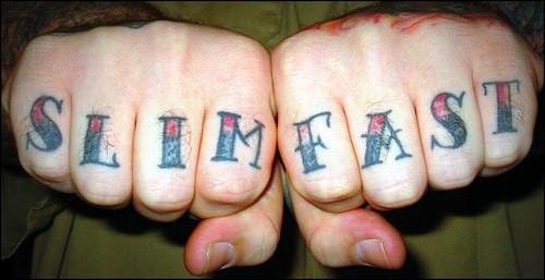 Knuckle tattoo, slim fast, colourful styled inscription