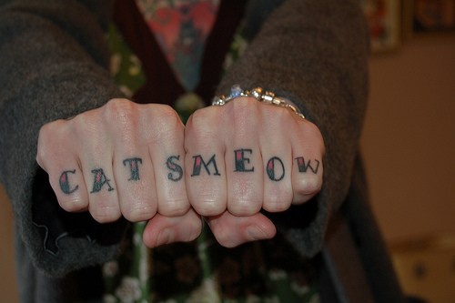 Knuckle tattoo, cats meow, designed inscription