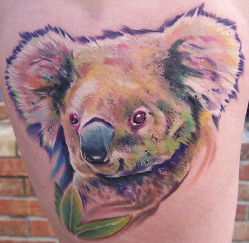 Koala bear with eucalyptus leaf tattoo