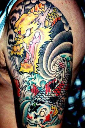 Spotted koi and asian dragon coloured tattoo