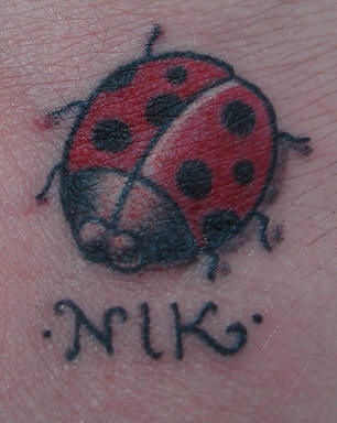 Tatuaje de mariquita y nombre Nik