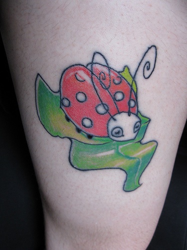 Big ladybug on leaf coloured tattoo