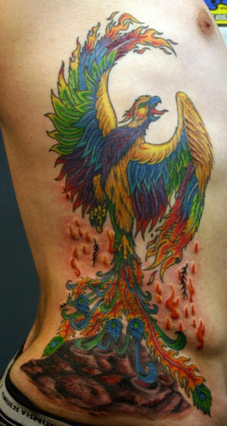 el tatuaje hermoso detallado y muy colorado de la ave fenix en las llamas del fuego hecho en el costado