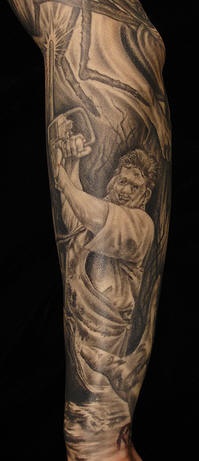 Kunstwerk von Leatherface in schwarzer Tinte Tattoo