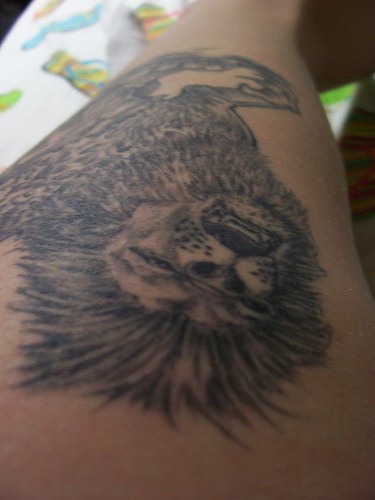 Tatuaje en la pierna, león que ruge, descolorido