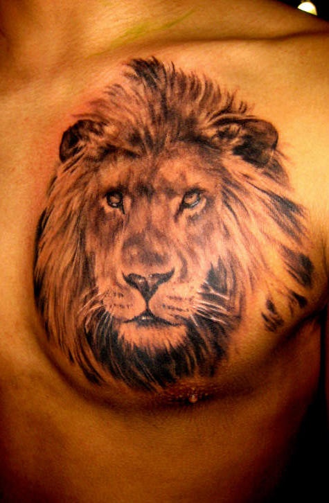 El tatuaje realista de la cabeza de un leon en el pecho
