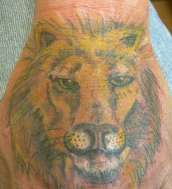 Coloured lion pale tattoo on hand