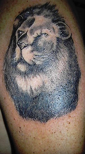 El tatuaje de la cabeza de un león con melena grande de color negro