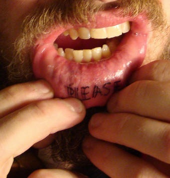 Lip tattoo, please, black styled inscription, one word