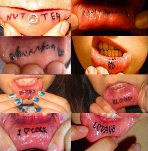 Tattooes &quotI love cock", &quotLovage", " Blood", &quotNutter", Dollarzeichen  an Lippen von verschiedenen Menschen
