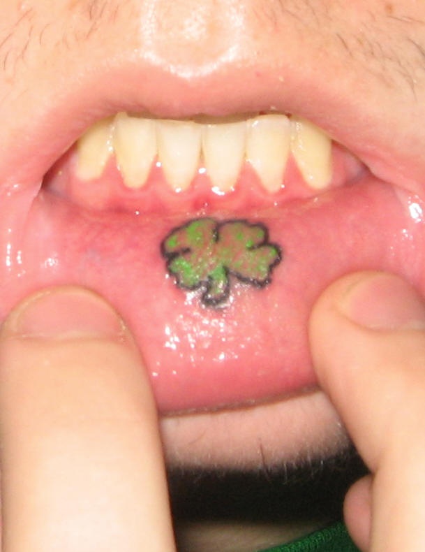 Lip tattoo, little, green leaf, clover
