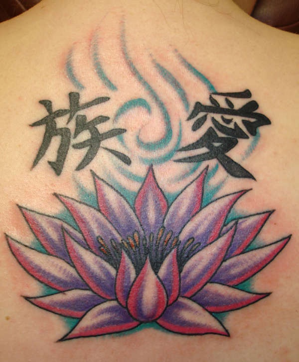 Lotus flower and chinese hieroglyphs tattoo