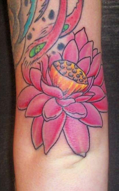 el tatuaje de una flor de loto de color rosa