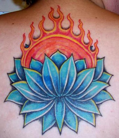 Blue lotus in flame tattoo