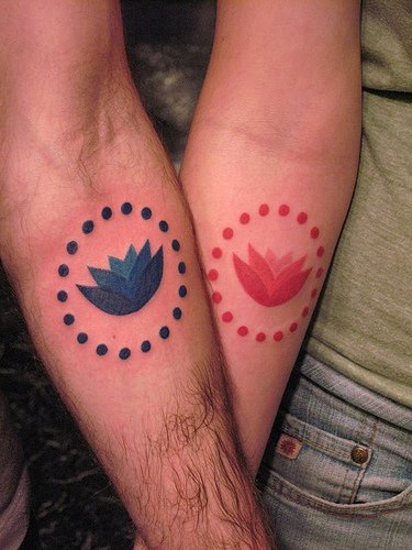 Blue and red lotus lovers  tattoos