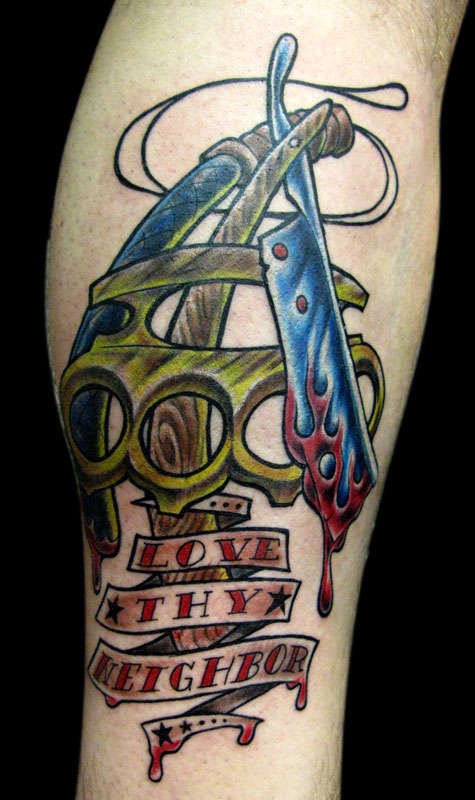 Love thy neighbor bloody razor tattoo