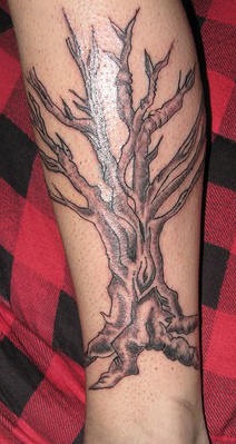 Tatuaje en la pierna, árbol seco sin hojas