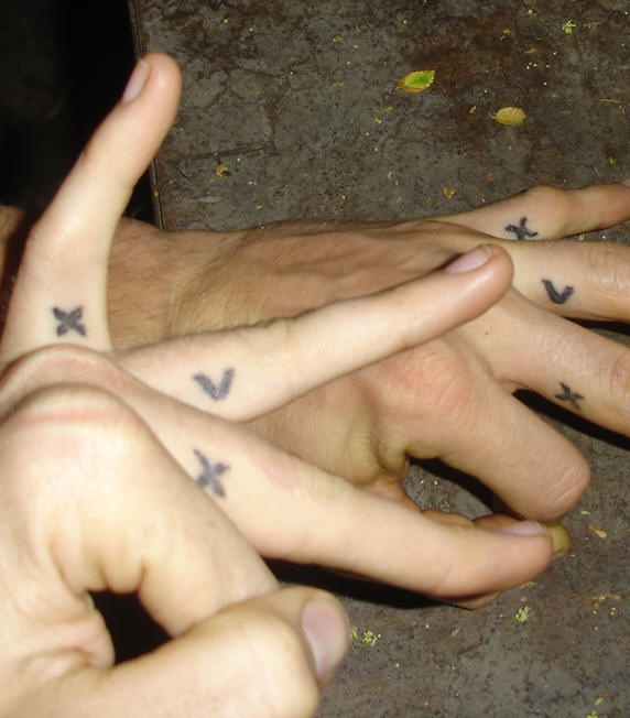 Matching friendship tattoo on fingers