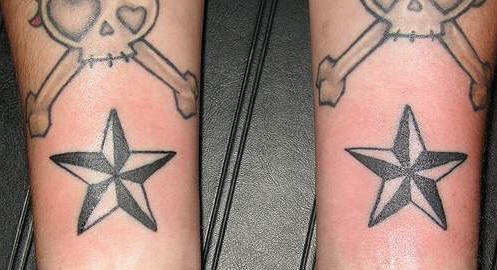 Matching star and skull tattoos