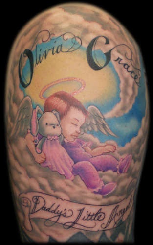 Cute child with toy on cloud tattoo in colour