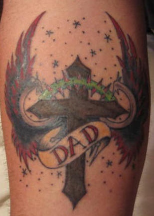 Winged cross with love to dad tattoo