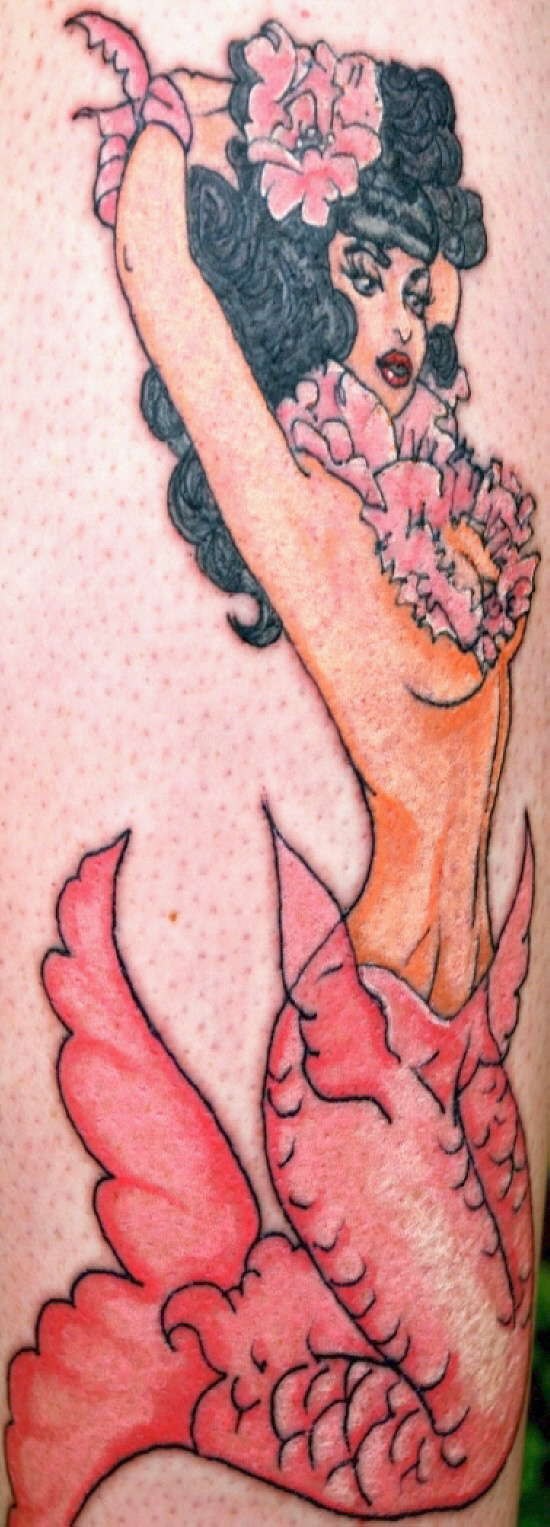 Sexy pink mermaid tattoo in colour