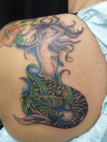 Mermaid and turtle tattoo on shoulder
