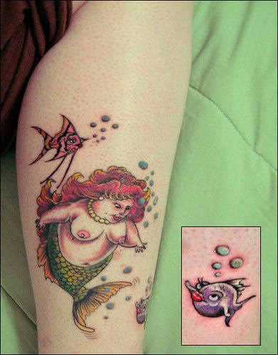 Fat naked mermaid with fishes tattoo